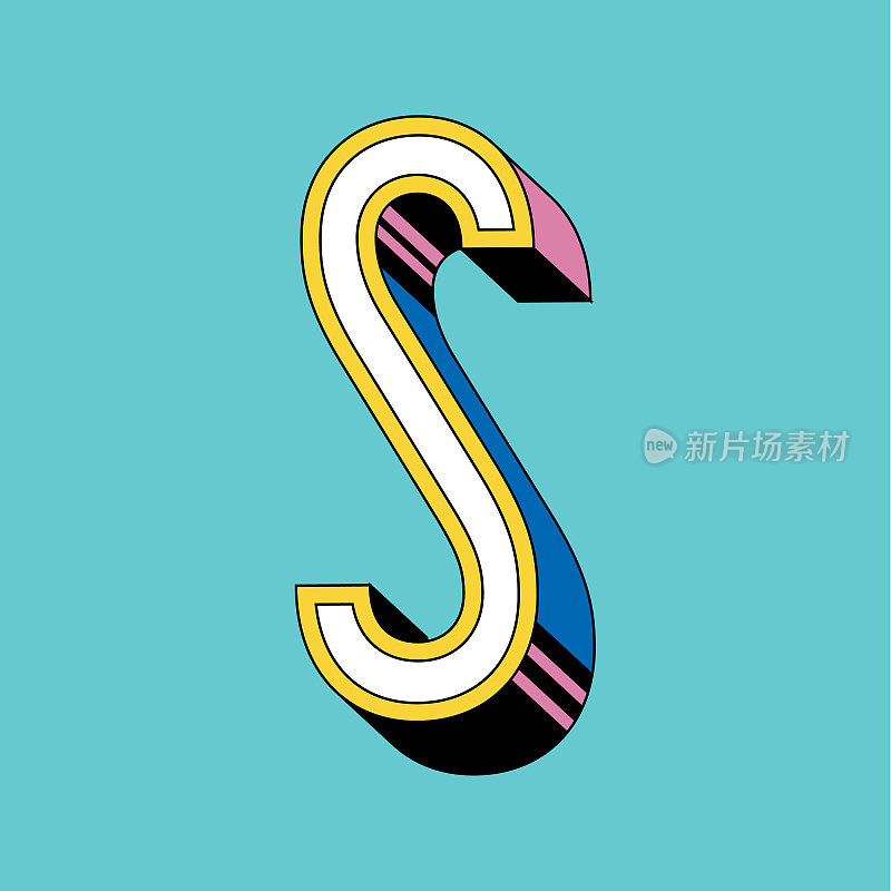 复古90年代的Y2K 3D字体设计大写字母S在方形块的颜色